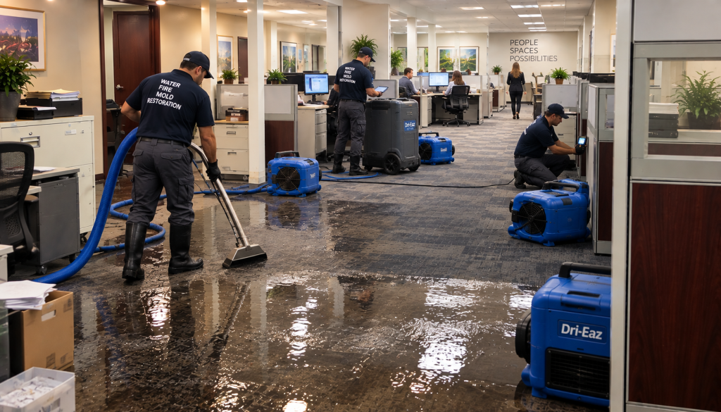 Water damage repair contractor drying a commercial space