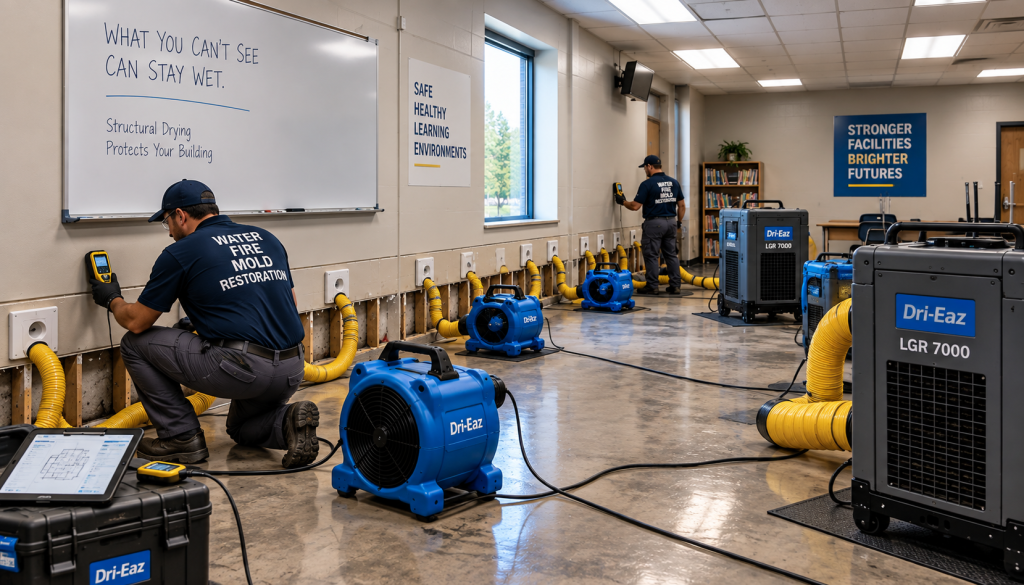 Texas water damage restoration crew drying a commercial space
