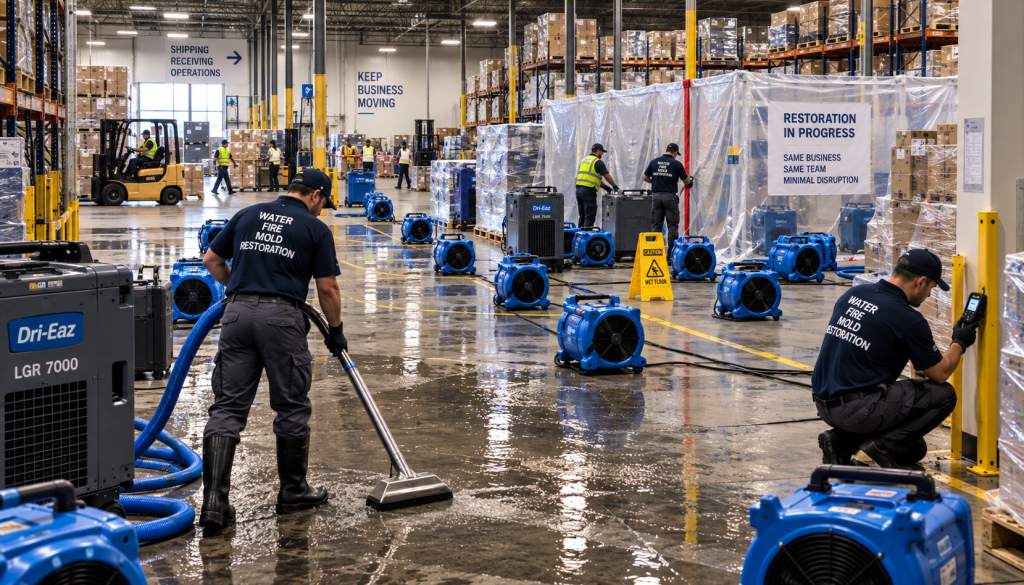 Business flood cleanup with drying equipment in a warehouse