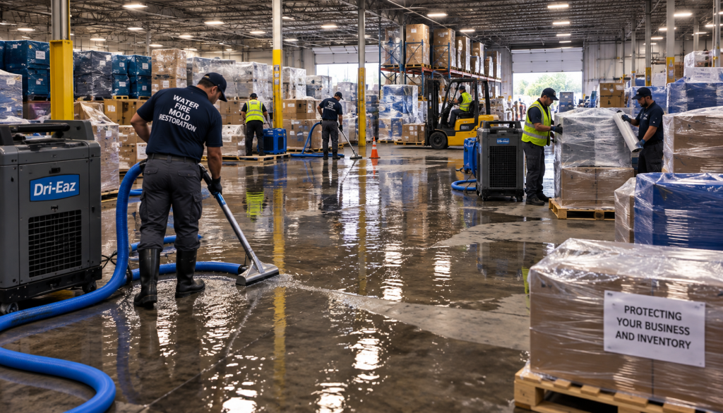 Austin flood damage repair crew in a flooded warehouse