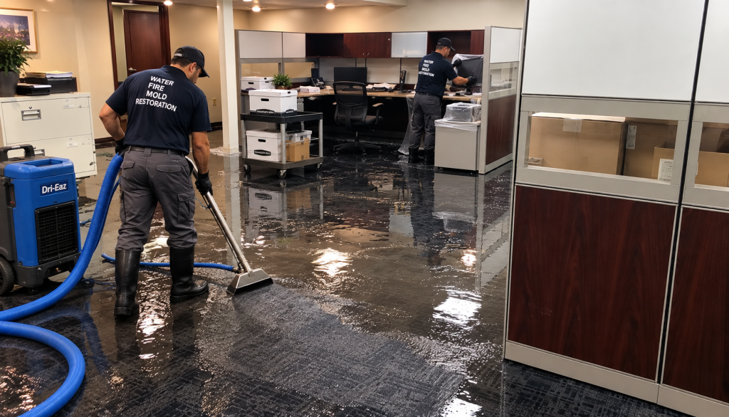 Commercial flood cleanup with standing water on an office floor