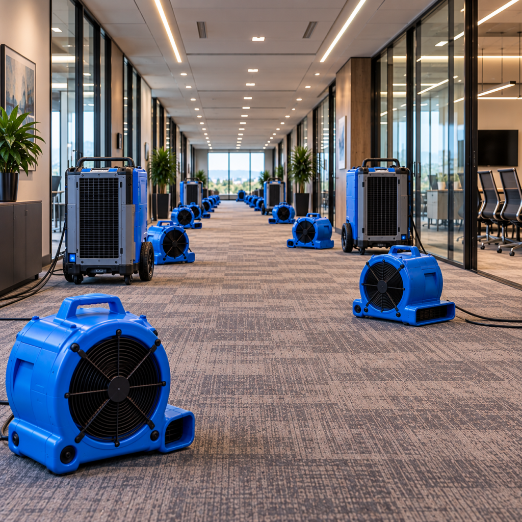 Dehumidifiers drying an office after a sprinkler leak